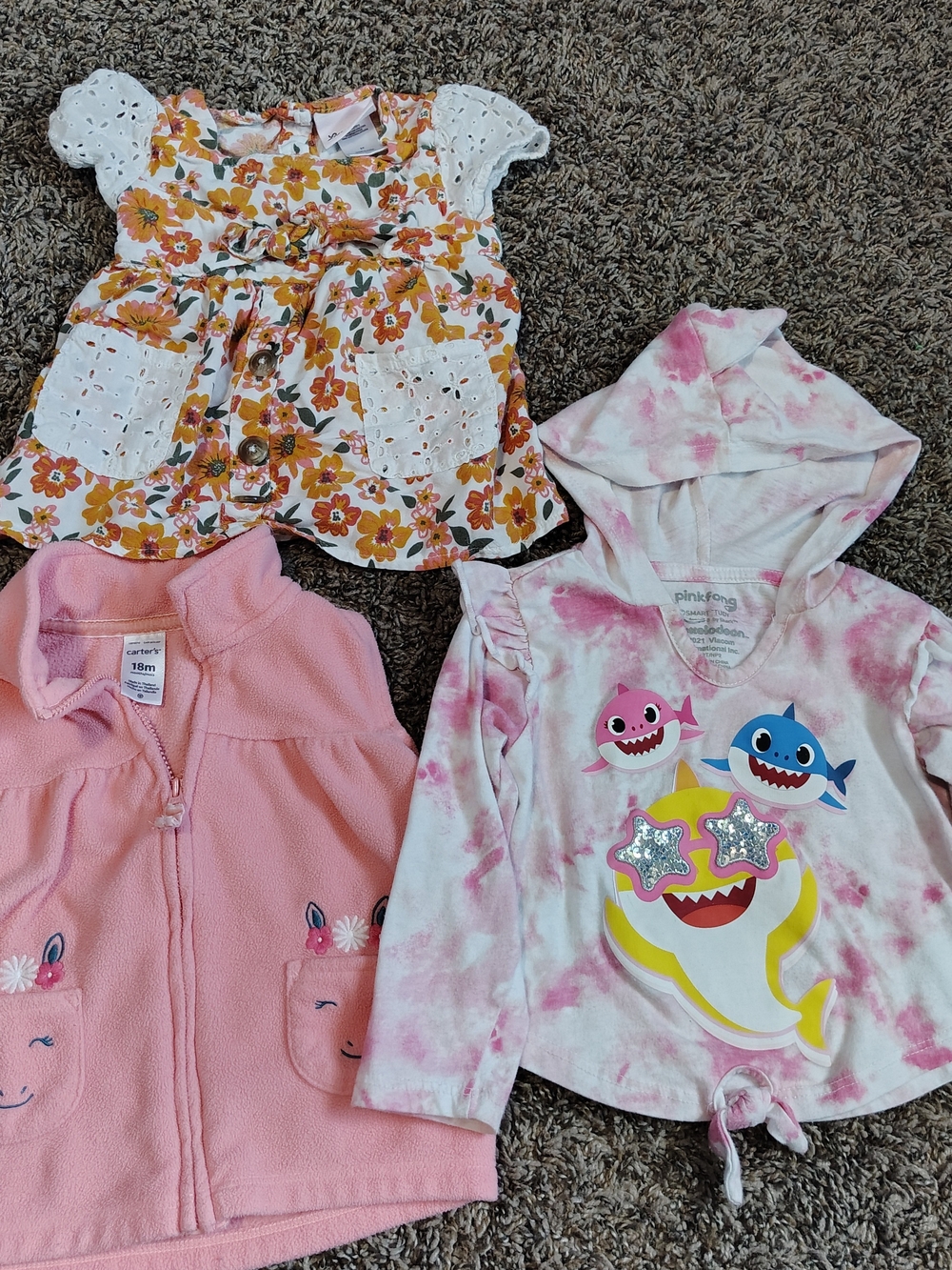 Toddler Girls Clothing Lot (3 Pcs) Carter's Vest 18M Baby Shark Hoodie & Dress